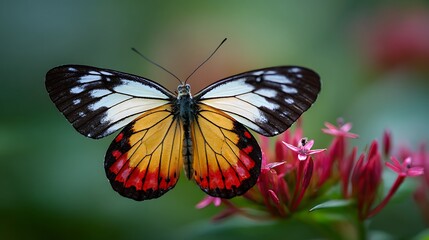 Close up of a monarch butterfly with open wings perched on a cluster of pink flowers in nature light