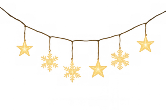 Glowing golden christmas lights string with stars and snowflakes creating a festive winter holiday decoration, transparent background