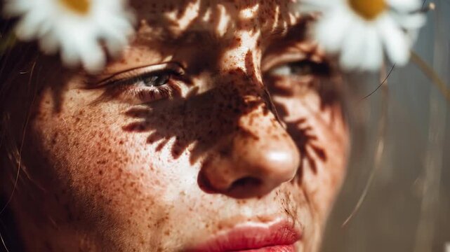 Freckled face with daisy shadows creating intricate light patterns