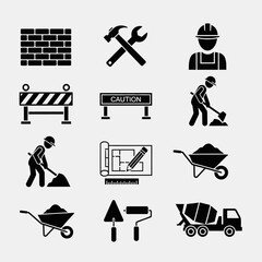 construction icons set tools workers building site