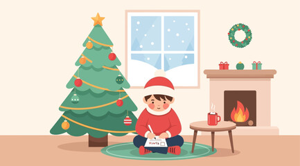 Fototapeta premium A young child wearing a Santa hat writes a letter near a decorated Christmas tree.