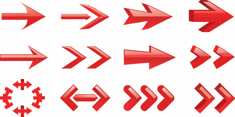 Collection of glossy red arrows pointing right and in multiple directions
