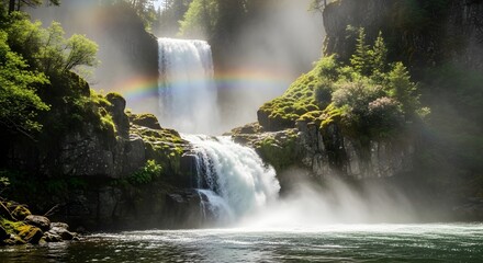 Waterfall landscape nature river cascade forest trees rainbow scenic outdoors travel adventure beauty