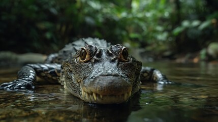 Fototapeta premium Close up of a caiman crocodile in shallow water with green foliage blurred in the background