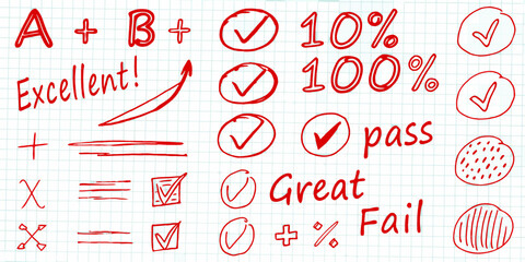 Hand drawn red marks including grades a b excellent 10 percent 100 percent pass fail and check marks on graph paper