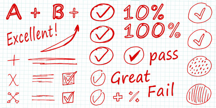 Hand drawn red marks including grades a b excellent 10 percent 100 percent pass fail and check marks on graph paper
