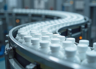 White Bottles on Curved Conveyor Belt, Production Line, Manufacturing, Automation