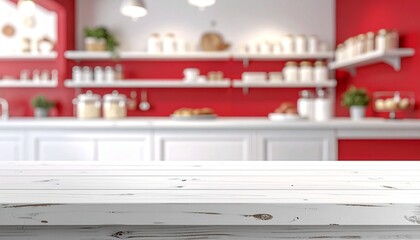 Empty white wooden counter with white bakery shelves background, blurred red color.