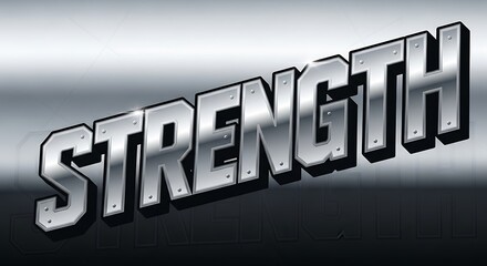 Metallic 3D STRENGTH text with rivets on grey background