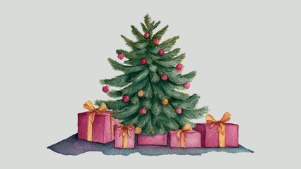 Christmas Tree Watercolor Art With Holiday Gifts