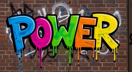 Vibrant colorful POWER graffiti word on urban brick wall