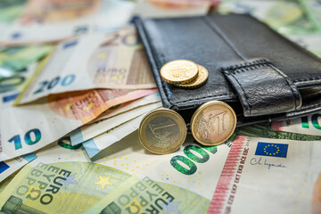 Wallet with euro notes and coins symbol of financial stability