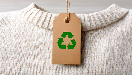 Recycling concept sustainable clothing tag on sweater promoting eco friendly textile choices and mindful wardrobe decisions