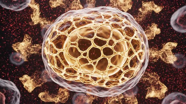 Stylized 3D cell visualization showing a new, intricate HSP network forming to reinforce against a 'Heat Wave'.
