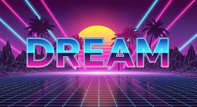 Dream word in retro futuristic neon synthwave landscape