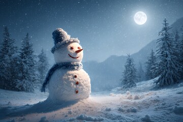 Smiling Snowman at Night with Full Moon Above Snowy Mountain Landscape Christmas Winter Scene Concept for Holiday Greeting Card or Fairy Tale Background