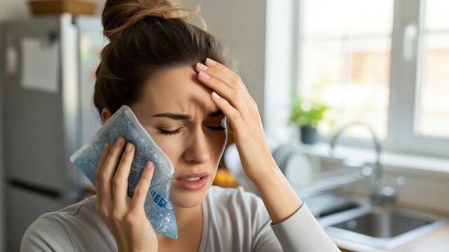 Woman with toothache holding ice pack against cheek for pain relief video generative ai