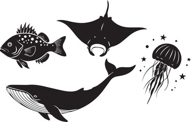 Black Silhouettes of Marine Life on White Background