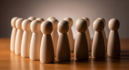 A group of wooden peg dolls standing together in a circle
