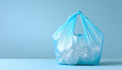 Obraz premium Recycling concept plastic bag filled with bottles and containers on blue background conveying environmental concern and sustainable solution