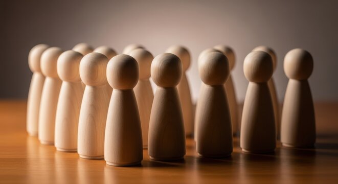 A group of wooden peg dolls standing together in a circle