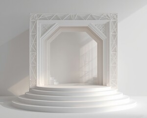 Elegant white architectural archway with curved steps and soft light