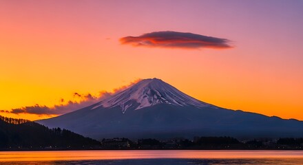 Fototapeta premium Majestic mount fuji at sunset with vibrant orange and purple sky