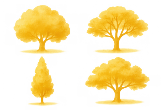 Yellow autumn trees watercolor illustration set with various leafy and deciduous plants on transparent background