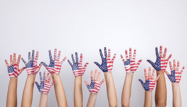 Several raised hands with palms facing outwards, painted in red, white, and blue American flag designs against a plain white background.