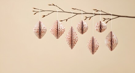 Delicate rose gold baubles hanging from a bare tree branch