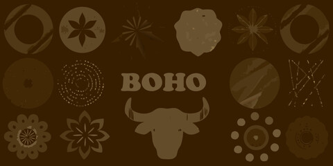 Boho style graphic design with buffalo head and abstract tribal patterns in earthy tones