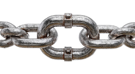 Obraz premium Close-up of a heavy metal chain. Links are joined, showing rivets or bolts. Grey/silver hue, textured surface