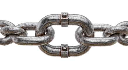 Close-up of a heavy metal chain.  Links are joined,  showing rivets or bolts.  Grey/silver hue,  textured surface