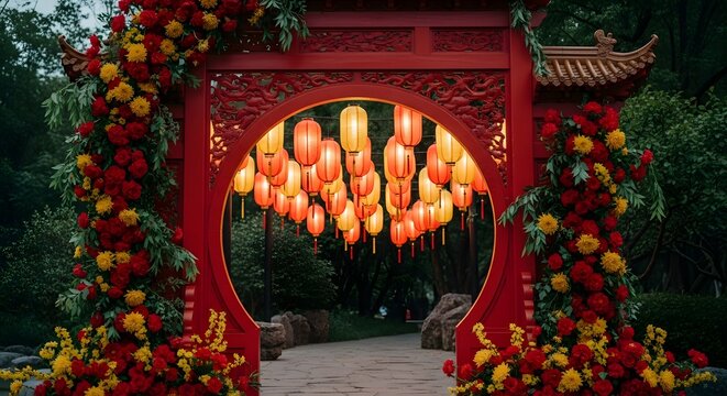Traditional chinese gate with red lanterns and floral decorations