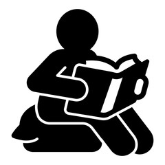 Man with book on pillow seat solid icon, book festival concept. Vector graphics. Book reading for boys sign on white background, style icon mobile or web design.