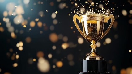 Golden trophy cup shining with sparkling lights on dark background, symbol of victory and achievement - Powered by Adobe