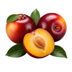 Ripe red plums and half plum with green leaves fresh fruit arrangement illustration