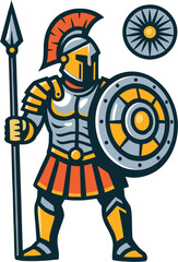 Spartan Warrior with Spear and Shield Vector Illustration – Modern Greek Soldier in Orange and Yellow Armor
