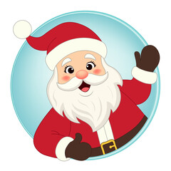 Cheerful Santa Claus waves his hand, looking out from a round frame. Cartoon Christmas character for festive stickers, festive avatars, gift tags, round badges, and seasonal clipart. PNG and vector