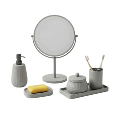 Complete gray bathroom accessory set with mirror soap dish dispenser and more illustration