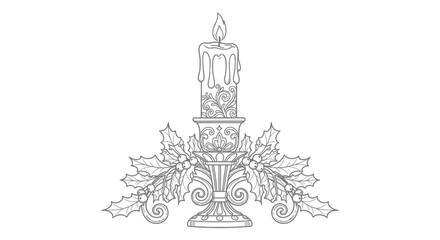 Naklejka premium A detailed black and white illustration of a candle with holly leaves and berries.
