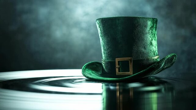 Green leprechaun hat with gold buckle on reflective surface in smoky light, St Patrick holiday luck