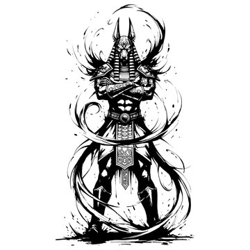 A high-contrast, black and white illustration of the Egyptian god Anubis. He has a muscular build, a jackal head, and stands with his arms crossed