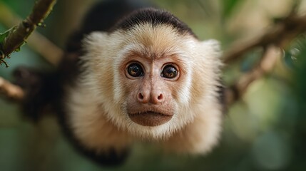 Naklejka premium A close up of a white faced capuchin monkey looking down from a tree branch in the forest