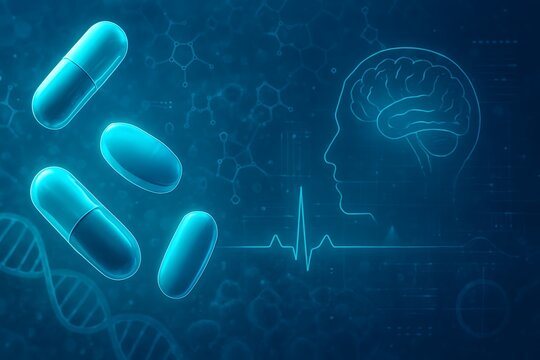 Abstract medical illustration of pills and brain with dna and heartbeat