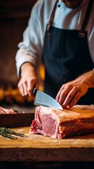 A chef meticulously cutting a large piece of raw meat on a wooden cutting board. The chef is focused on his task