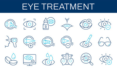 Eye treatment line icons set. Vision correction, diagnostics, laser surgery, and eye care symbols.