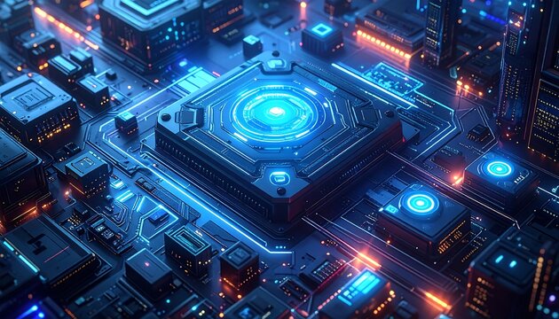 A futuristic, neon-lit digital cityscape depicting a circuit board core with glowing components. High-tech and abstract