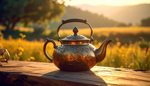 A golden, ornate teapot sits on a rustic wooden surface, with a sunlit field and rolling hills in the blurred background