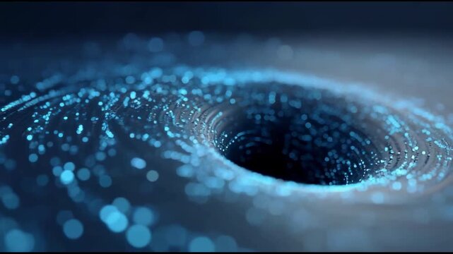 Glowing blue particles spiral into a futuristic vortex funnel, visualizing data flow, digital singularity and big data processing in a dynamic cyberspace hub of information transfer
